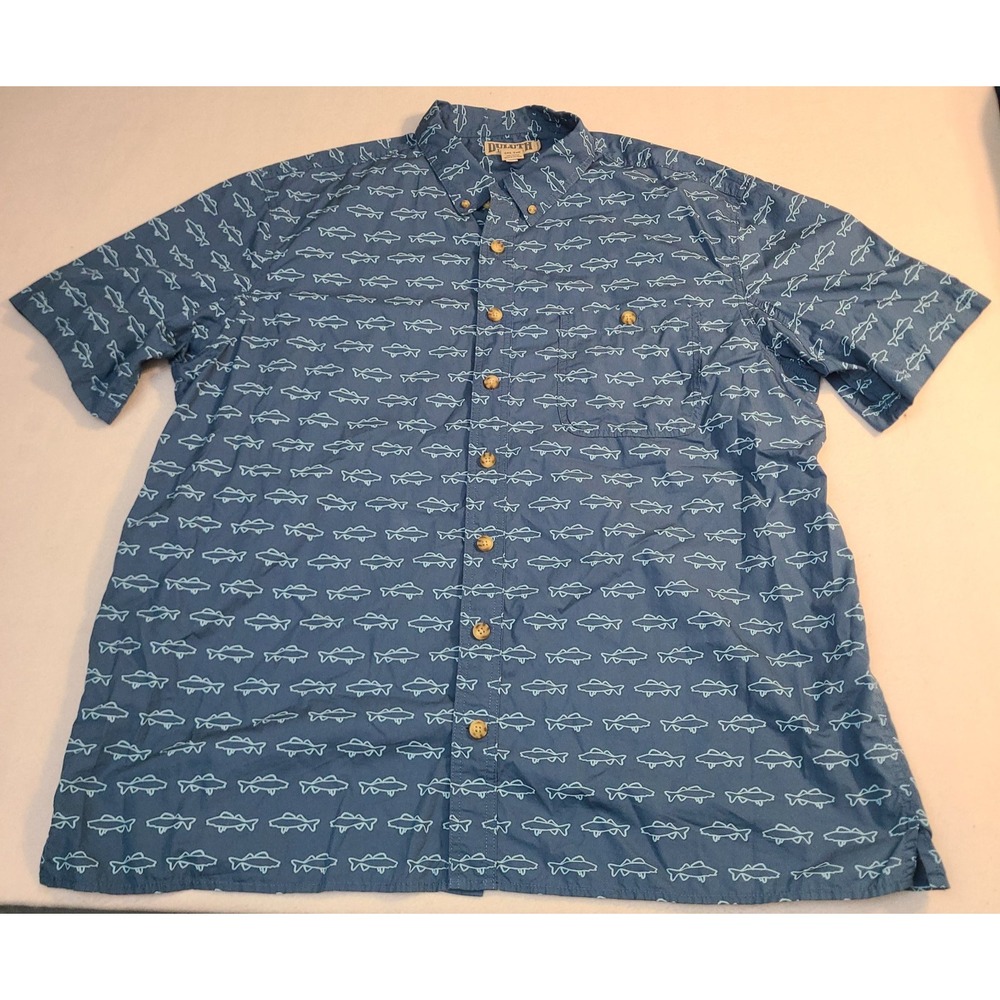 Duluth Trading Co Shirt Mens 2XL Tall Blue Fish Print Short Sleeve Button Up